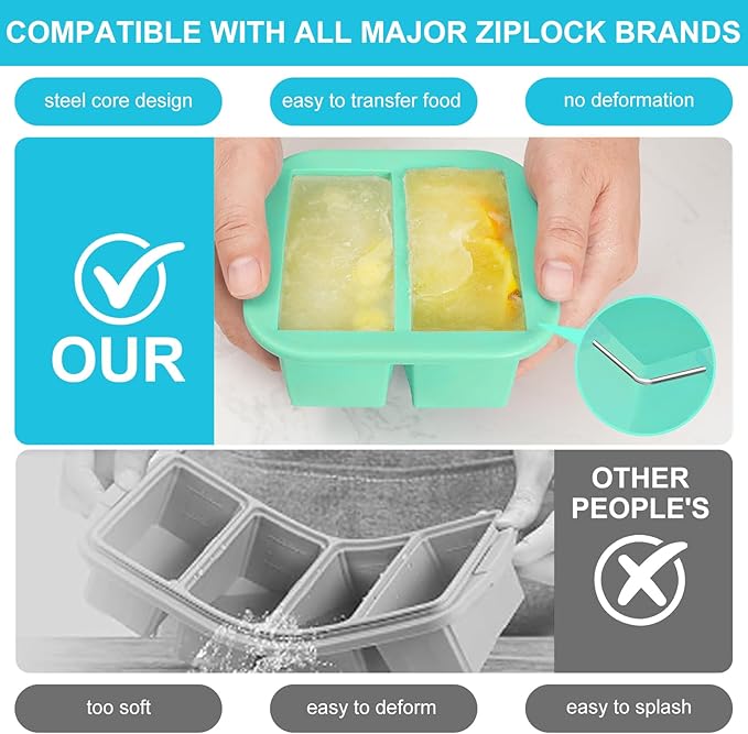 Silicone Freezer Tray with Lid 2 Pack Silicone Freezer Molds Ice Cube Tray Makes 4 Perfect 1 Cup Portions Soup Cubes Meal Prep Containers- Oven & Dishwasher Safe