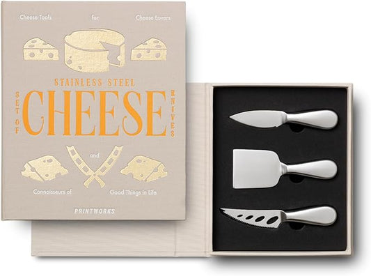 PrintWorks The Essentials, Cheese Knife Set – 3 Pieces Stainless Steel Gift Set with Pronged, Chisel, and Heart Knives – Stylish Charcuterie Accessories and Dishwasher Safe