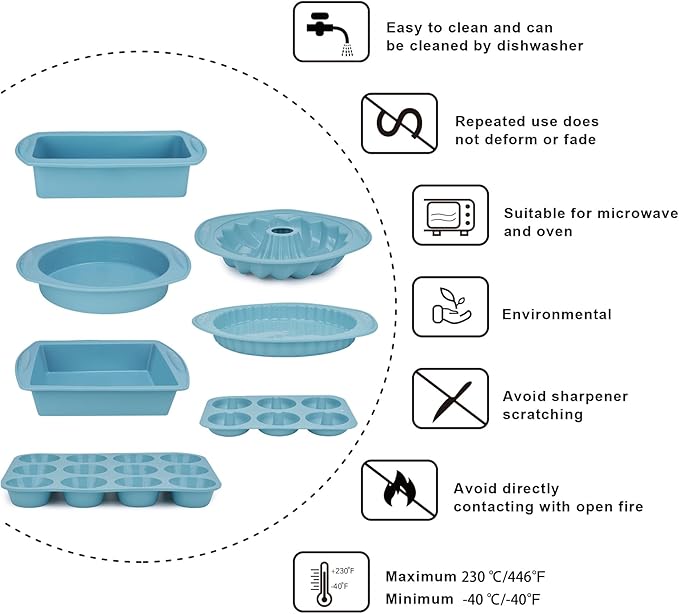 Nonstick Silicone Baking Mat Set, 9-in-1 Heat Resistant Cookie Sheet & Cake Pan Molds for Muffin, Loaf, Pizza, Cheesecake, Cupcake, Pie - Oven Bakeware Tools Kit