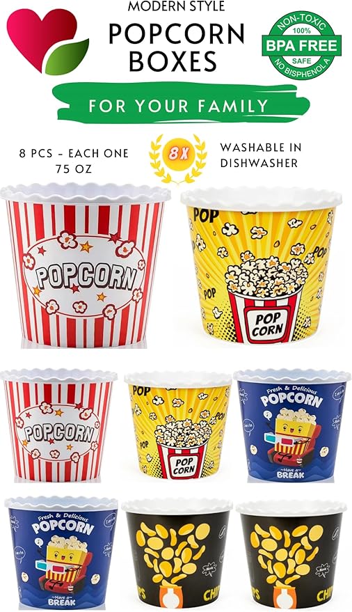 Modern Style Reusable Plastic Popcorn Box/Popcorn Containers/Popcorn Bowls Set for Movie Theater Night - (BPA Free - 8 Pack-75 oz) (8, MIX)