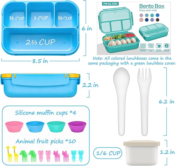 QQKO Bento Lunch Box for Kids Girls Boys, Toddler Kids Lunch Boxes for School, Lunch Containers for Adults with 4 Compartments, Sauce Container, Utensils, Food Picks and Muffin Cups, Blue