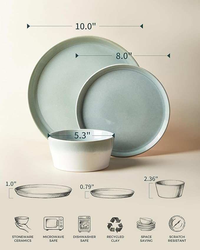 Pokini Dinnerware Sets for 4, Ceramic Plates and Bowls Set, Modern Artisan Dish Set, Microwave & Dishwasher Safe Dishware Set, Chip & Scratch Resistant Dinner Sets, Gradient Green