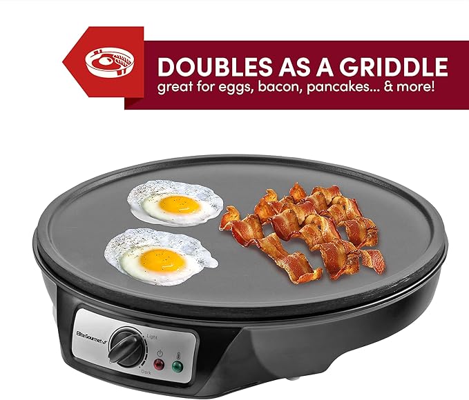 Elite Gourmet ECP-126 Electric Crepe Maker, Pancake, Hot Cakes and Non-stick Griddle with Spreader, Spatula and Recipes, 12", Black