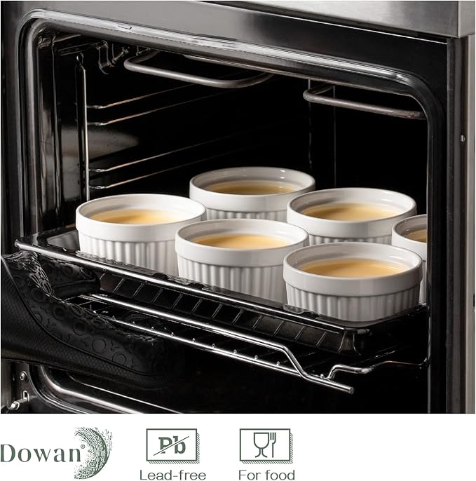 DOWAN Ramekins 12 oz Oven Safe, Creme Brulee Ramekin Souffle Dishes for Baking, Porcelain Samll Bowls for French Onion Soup, Dessert Custard Cups Sauce Dish, Set of 6, Soft White