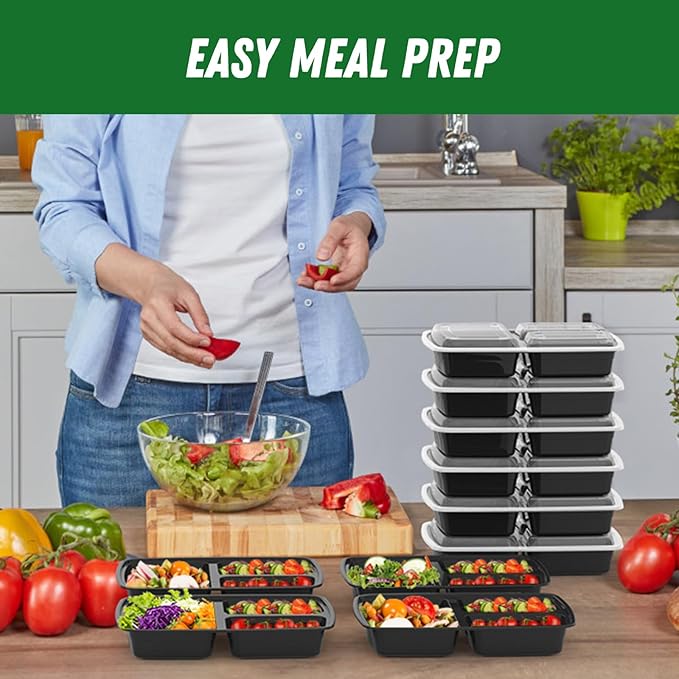 50 Pack (100-Piece) 32 oz Meal Prep Containers Reusable with Lids 3-Compartment, To Go Take Out Plastic Food Storage Containers, Sturdy Leakproof Food Safe, Microwave Freezer Dishwasher Safe, Black