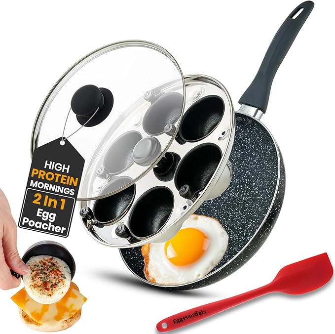 Eggssentials 2 IN 1 Egg Poacher Pan & Large Frying Pan - Poached Egg Maker, Granite Egg Poacher with 6 Cups - Egg Pan - 10 Inch Frying Pan Nonstick Omelette Pan