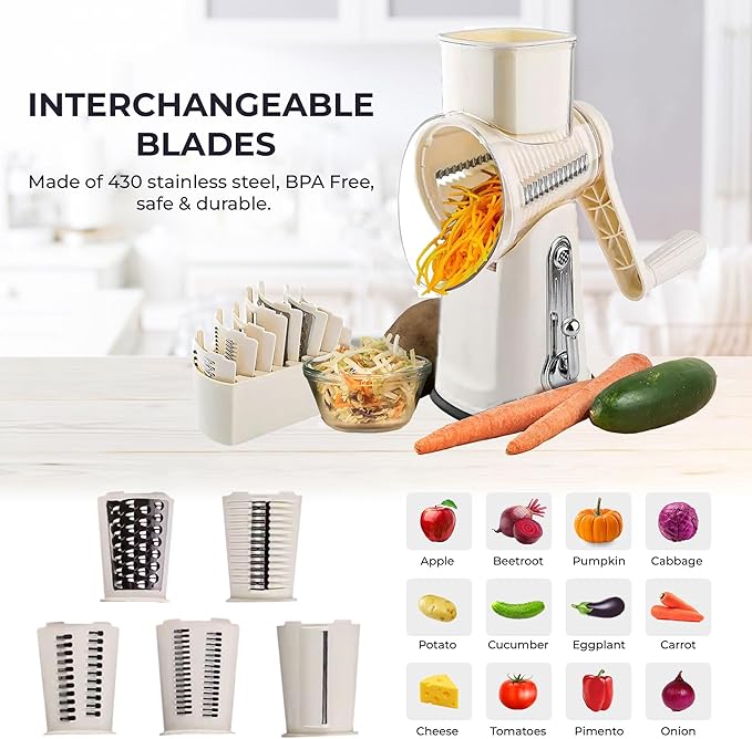 Chef Power Premium Quality 5 in 1 Cheese Grater Hand Crank - Stainless Steel Rotary Cheese Grater for Effortless Grating - Durable and Ergonomic Design for Professional and Home Use (Beige)