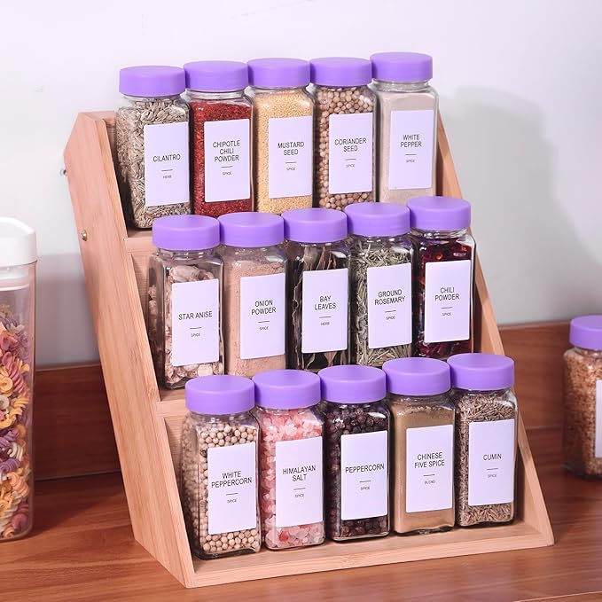 24 Glass Spice Jars with Labels, Spice Jar Set, 4oz Spice Containers, Seasoning Containers with Purple Airtight Lids and Shaker Lids, Square Empty Spice Bottles, 492 Labels, 1 Funnel
