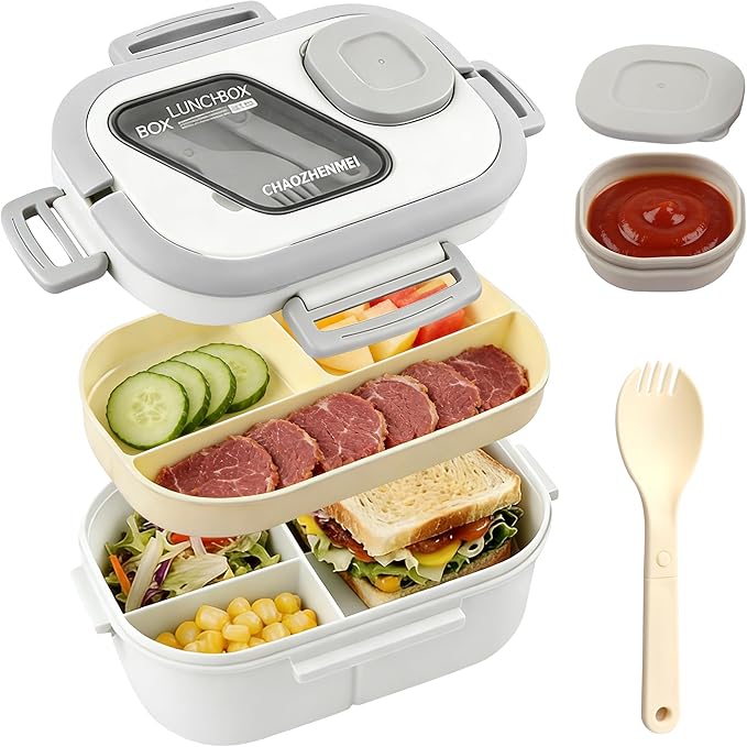 Adults Bento Lunch Box,Salad Container Large 43oz Salad Bowl, Bento-Style Tray for Toppings, 3oz Sauce Container for Dressings, and Built-In Reusable Fork (White)