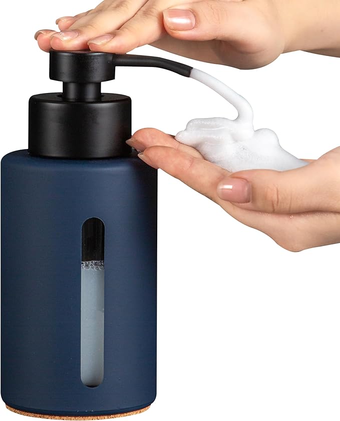 Enra Thick Glass Foaming Soap Dispenser with Clear Window,12oz Blue Bathroom Soap Dispenser with Stainless Steel Pump, Modern Boho Refillable Pump Bottle for Bathroom Kitchen (Foam-Blue)