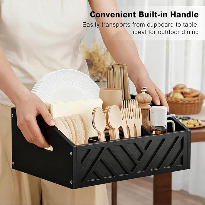 Paper Plate Dispenser for Party, Wood Outdoor Utensil Caddy for Parties, Paper Plate Holders Organizer for Countertop, Black Silverware Holder for Buffet Cutlery, Plates,Flatware, Utensils and Napkins