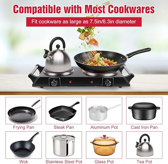 Electric Countertop Double Burner, 1800W Cooktop with Crystal Glass Hot Plate, 5-Level Stepless Temperature Control, Stay Cool Handles, Easy to Clean, Compatible Cooking Stove for Office Home RV