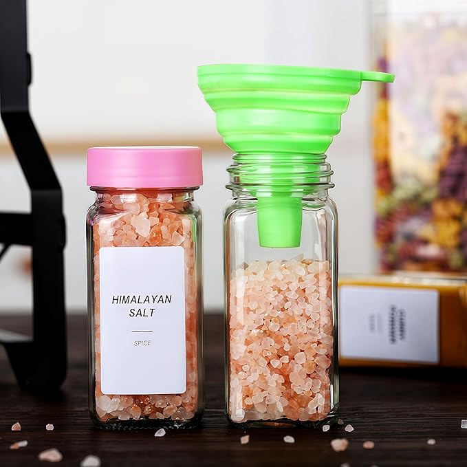 48 Glass storage jars，Glass Spice Jars with Label-4oz Spice Containers with Lids and Shaker Lids,3 Sets of Spice Labels 1 Collapsible Funnel 2 Erasable Markers for Spice Rack, (48)