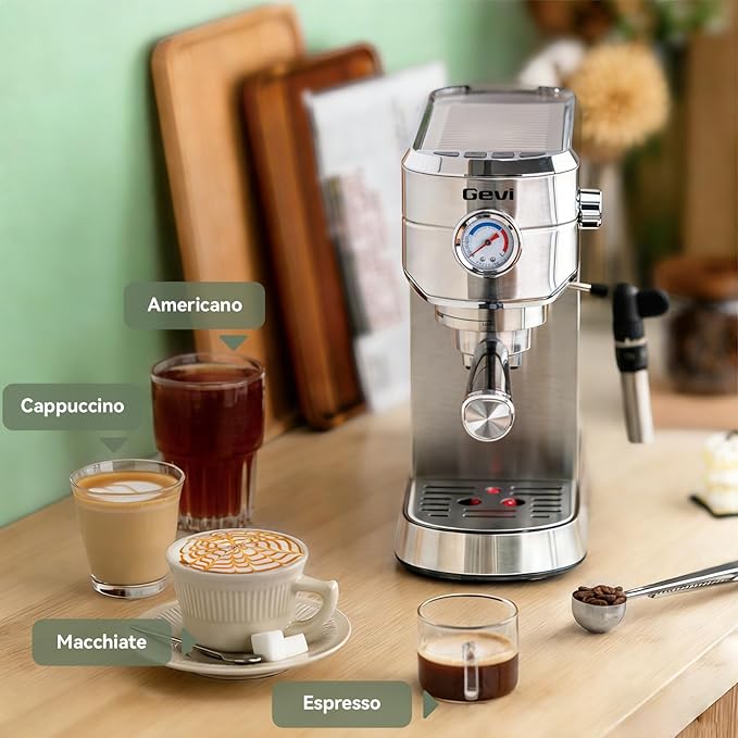 Gevi Espresso Machine 20 Bar - Auto Milk Frother & Steam Wand, NTC Temp Control, Compact Stainless Steel Cappuccino Maker, Ideal for Coffee Lovers & Home Baristas