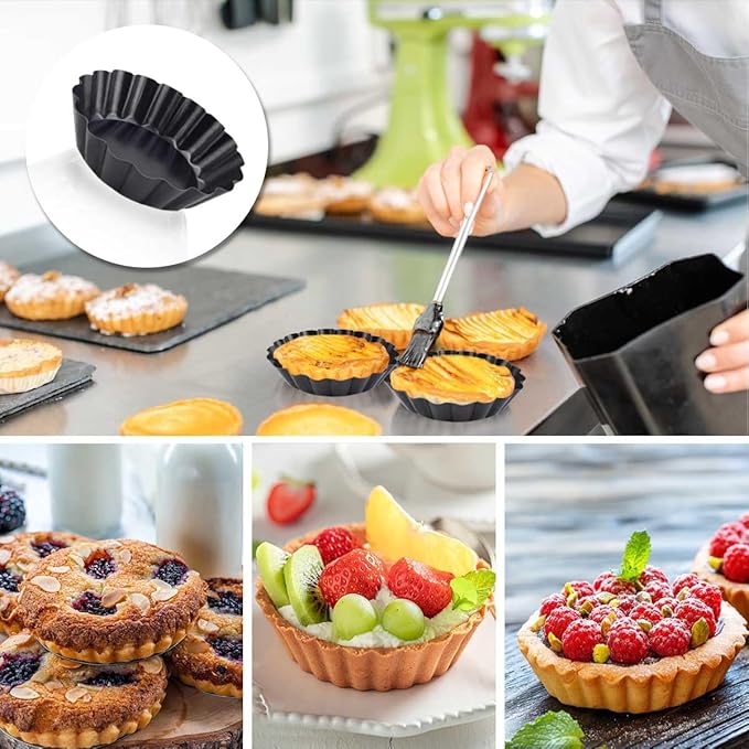 4 Pack Tart Pans Tortilla Pan Set Mini Tart Molds Carbon Steel Taco Shell for Baking 3 Inch Taco Salad Bowl Maker with Removable Bottom NonStick Tortilla Bowl Fluted Side for Quiche Cakes Pies (Black)