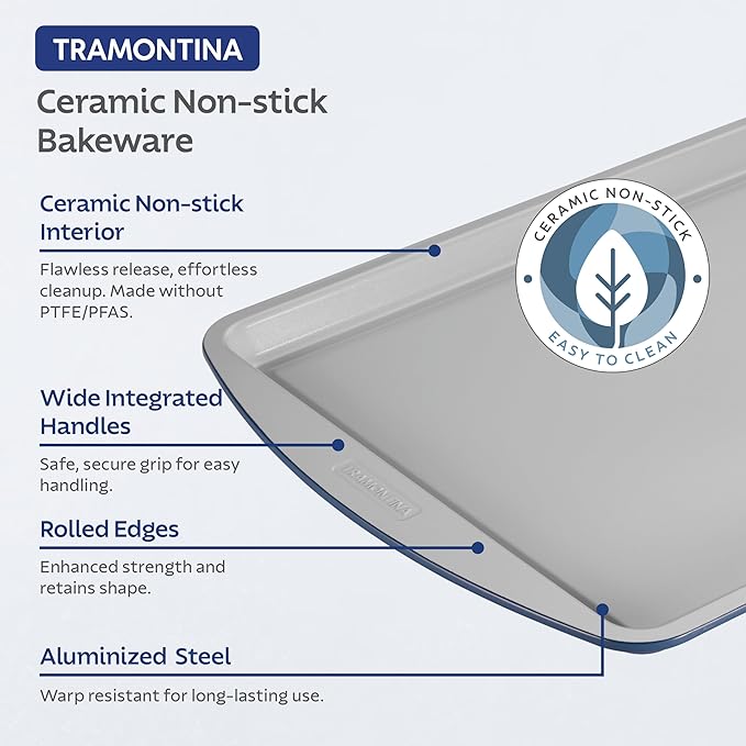 Tramontina Rise 3-Piece Ceramic Baking Pans Set, Non stick Cookie Sheets for Baking with Cooling Rack, Aluminized Steel, Dishwasher-Safe