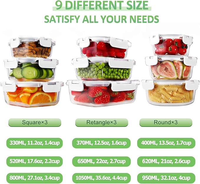 HOMBERKING Glass Food Storage Containers with Lids, [18 Piece] Meal Prep Containers, Airtight Lunch Bento Boxes (9 lids & 9 Containers) - White