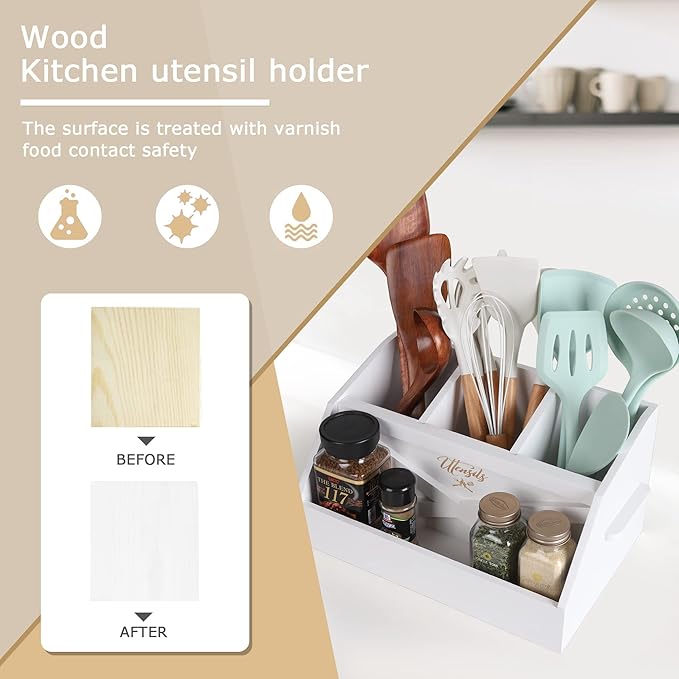Innovation Kitchen Utensil Holder for Countertop with 4 Compartments, Wood Utensil Organizer for Cooking Tools, White (Utensil Not Included)