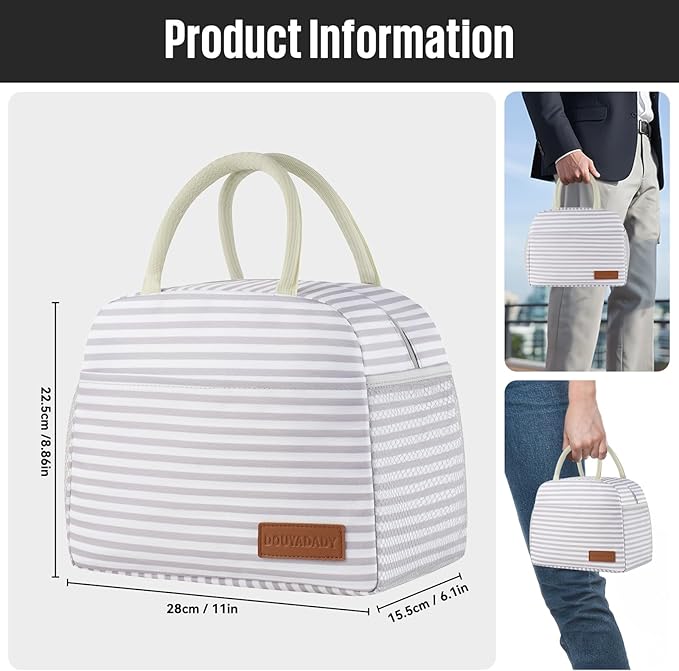 douyadady Lunch Bag Women/Men Lunch Box Women/Men (Grey+White Stripes)