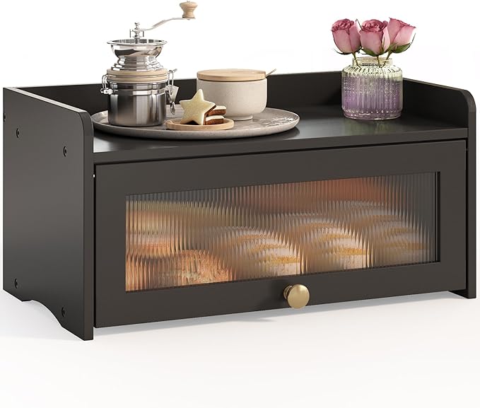 JANSNIMEN Bread Box for Kitchen Countertop, Large Bread Container Storage, Wooden Farmhouse Bread Box with Window Bread Holder (Vintage Black)