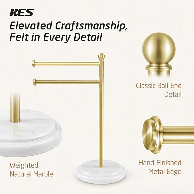 KES Anti Wobble Hand Towel Holder Stand with 2X Weighted Marble Base, Rustproof 18/8 Stainless Steel Countertop Hand Towel Stand for Bathroom, Vanity, Kitchen, Brushed Gold, BTH242-BZ