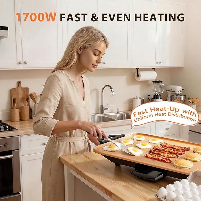 CookSimple Everyday 20"x12" Electric Griddle–1700W Nonstick PPG Ceramic Surface, Large Flat Design, Perfect for Family Meals, Pancakes&Eggs, Fast Even Heating, Easy to Clean, Ceramic Copper