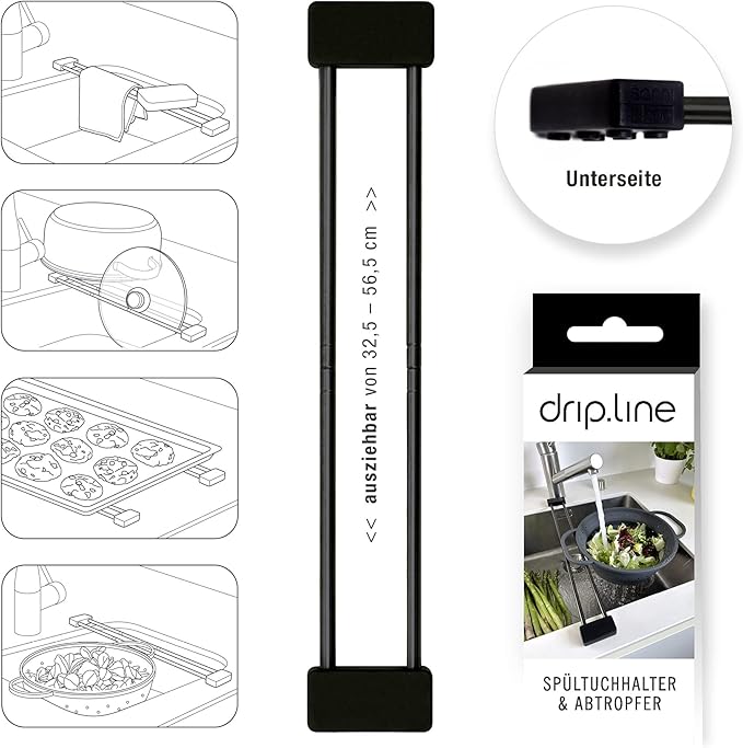 Sanni Shoo drip.line Pure Black - Versatile and Adjustable Kitchen Rack Drip Tray for Dishcloths, Brushes, and Bottles - Hygienic Storage - Made of Stainless Steel and Silicone