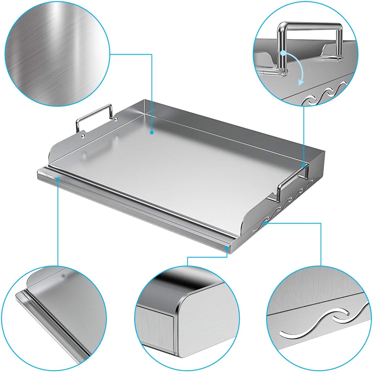 Skyflame Universal Stainless Steel Griddle Flat Top Plate with Even Heating Bracing for BBQ Charcoal/Gas Grills, Camping, Tailgating, and Parties 17" x 13"