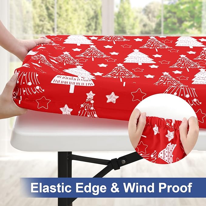 homing Rectangle Table Cloth Cover, Waterproof Polyester Elastic Fitted Tablecloth, Fits for 6 Foot Folding Tables, Washable Table Protector for Christmas, Holiday, Party (Christmas Tree, 30" x 72")