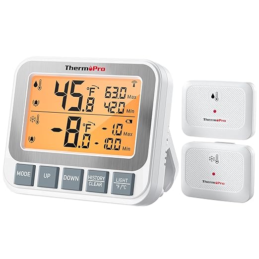 ThermoPro Wireless Freezer Fridge Thermometer with Alarm, 500 ft/150 m Range, High Accuracy, Rechargeable Refrigerator Thermometer with Backlit LCD Display, Battery Included