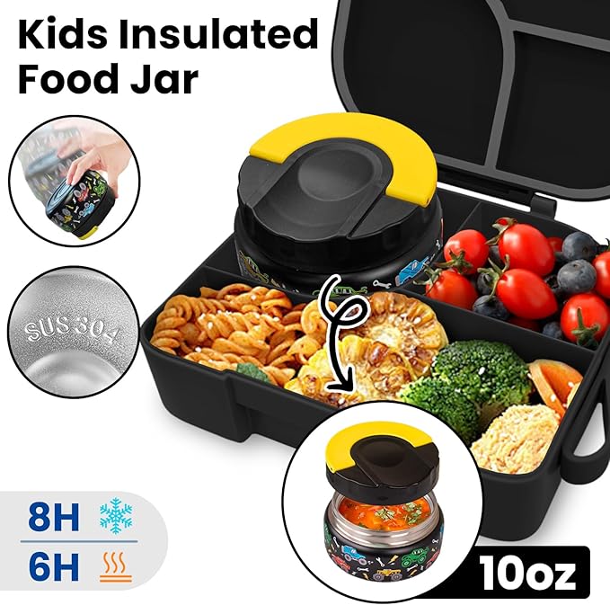 TinyPalsa Bento Box for Kids with 10oz Thermos, Durable Lunch Box with Leak Proof Insulated Food Jar, 3 Compartments with Portable Handle for Ages 3+, Dishwasher Safe, Ideal for School, Travel (Car)