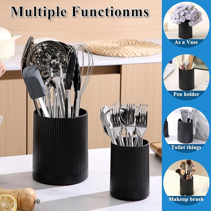 Kyraton Cooking Utensils Holder 2pcs, 360° Rotating Heavy Duty Plastic Kitchen Utensil Holder for Countertop, The Small Utensil Crock for Cutlery Silverware, Tooth Brush, Desk Pencil Pen