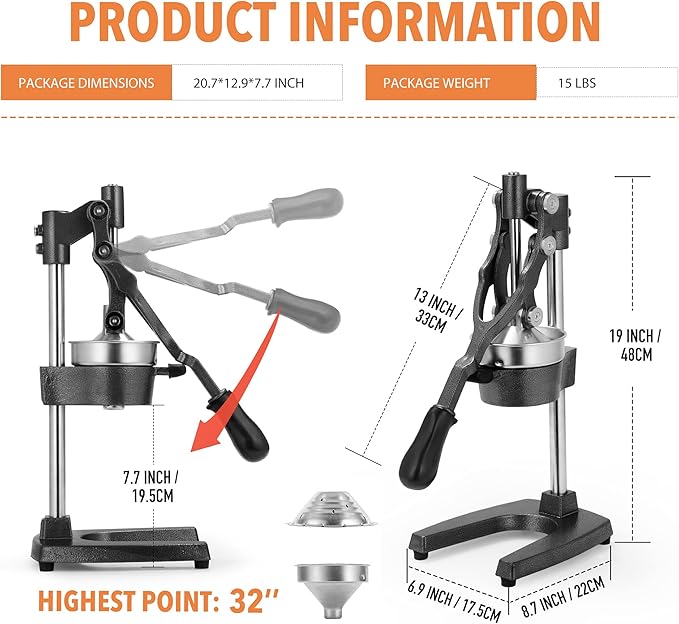 19 Inch Height Extra Tall Commercial Heavy Duty Cast Iron Hand Press Manual Orange Citrus Lemon Lime Grapefruit Pomegranate Fruit Juice Squeezer Machine with Stainless Steel Cup Black