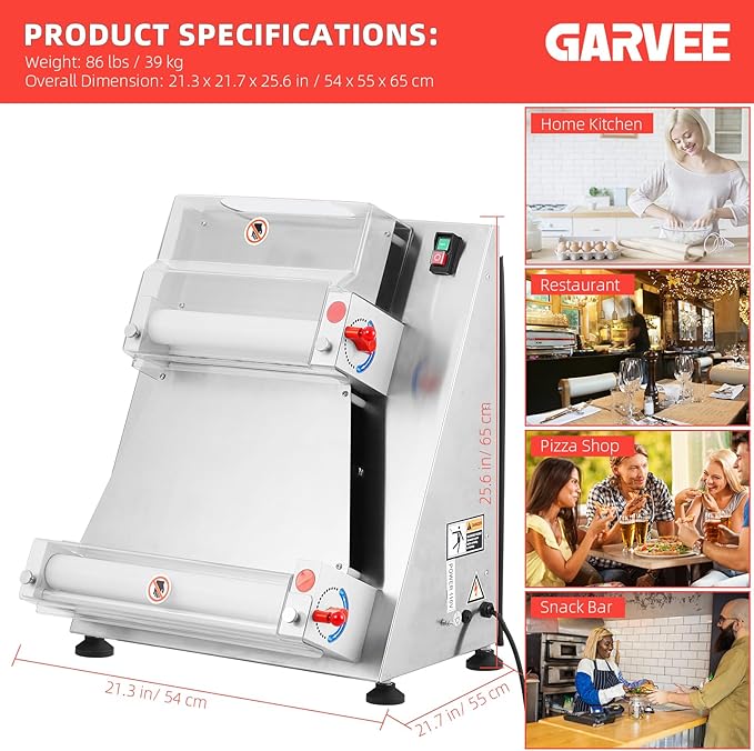 Commercial Pizza Dough Roller Sheeter, Max 16", Towallmark Automatic 370W Electric Pizza Dough Roller, Stainless Steel, Suitable for Noodle, Pizza Bread and Pasta Maker Equipment