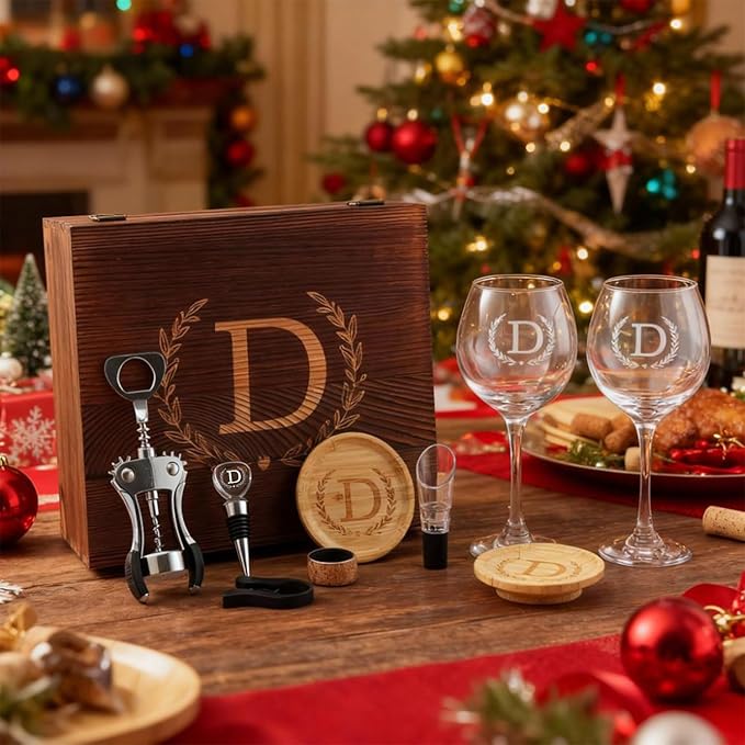 GZLDGIFTS Personalized Initial Wine Glasses Box Gift Set For Women Mom Engraved Birthday Monogrammed Wooden Christmas Gifts Wedding Anniversary Wine Couples Stopper Opener Initial Letterr (K Set)
