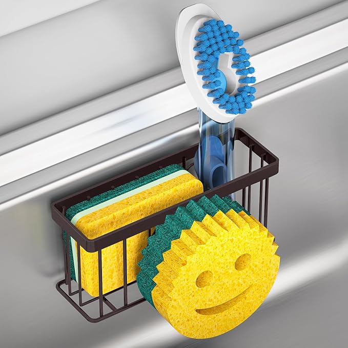 Sponge Holder Smiley Face,Sink Caddy for kitchen Sink, Kitchen Organizer Sponge Holder with 2 PCS Suction Cups/1 PCS Adhesive Strips,Designed for Sponge,Soap,Dish brush,Scrubber-Bronze