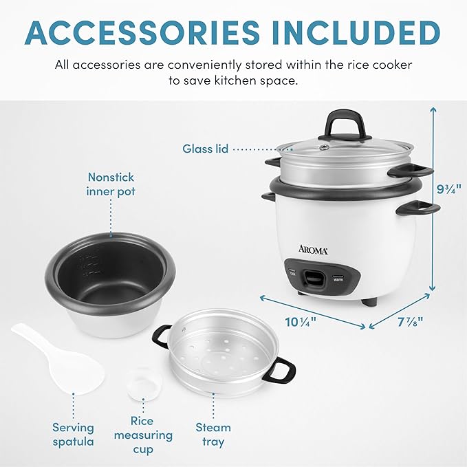 AROMA® Rice Cooker, 3-Cup (Uncooked) / 6-Cup (Cooked), Steamer, Small Rice Cooker, Oatmeal Cooker, Soup Maker, Auto Keep Warm, 1.5 Qt, White, ARC-743-1NG