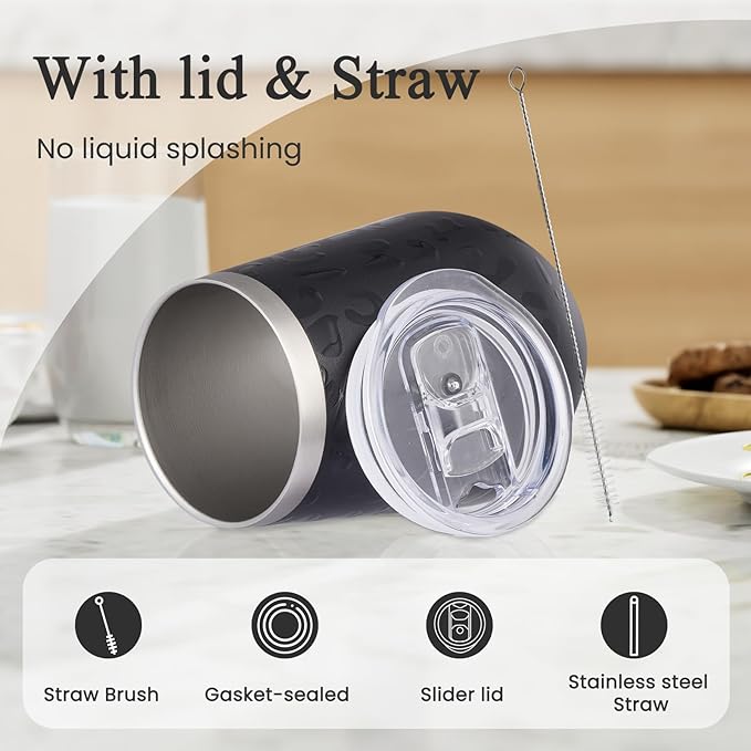 MEWAY 12oz Insulated Wine Tumbler with Press-In Lid, Double Wall Vacuum Stainless Steel Travel Tumbler with Straw, for Coffee and Drinks, Gift for Woman Under 10 dollars(Black Leopard,Set of 4)