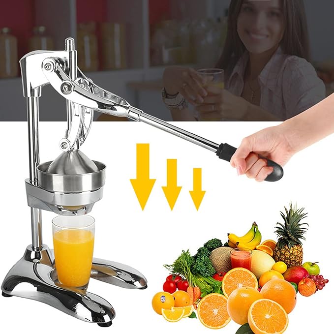 Commercial Grade Manual Hand Press Fruit Squeezer, Heavy Duty Stainless Steel Citrus Lemon Orange Juicer for Home Kitchen Use, Just Pull Down Handle, Stable U Shaped Base