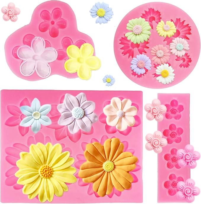 4Pcs Large Daisy Flower Silicone Molds Chrysanthemum Silicone Molds Small Flower Shapes Fondant Cake Chocolate Molds Polymer Clay Resin Mold for Cake Decoration Candy Ice Cube Wax Making DIY Craft