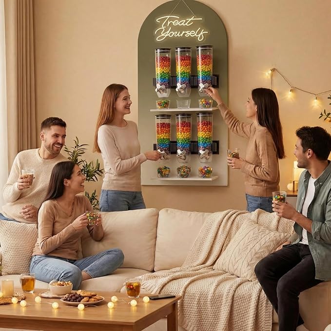 Lounsweer 6 Pcs Wall Mounted Cereal Dispenser with 1pcs Treat Yourself Neon Signs 9 L Candy Machine Grain Dispenser Neon Snack Sign Wall Mount for Home Kitchen Food Store Birthday Gift Party Decor