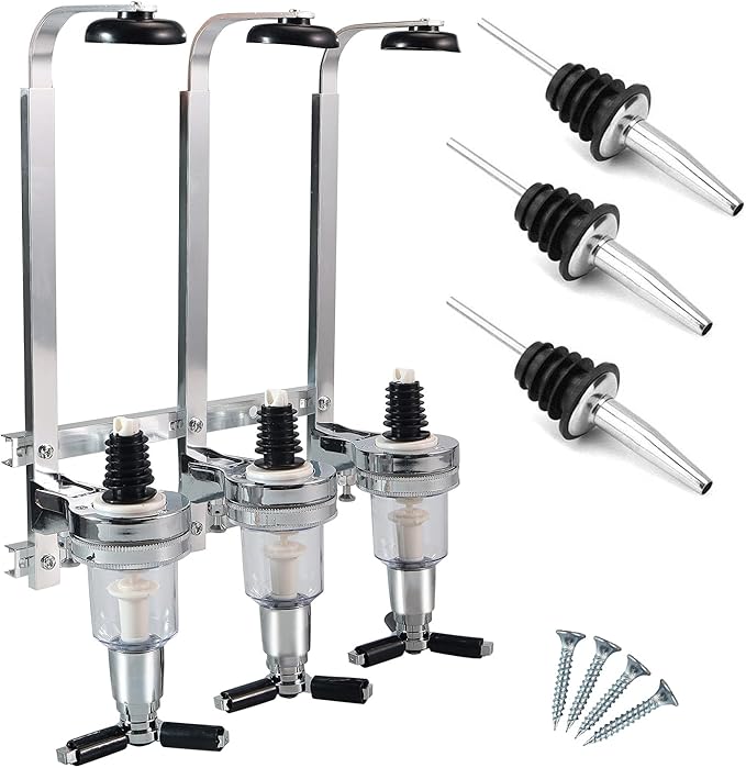 3 Bottle Liquor Dispenser Stand Wall Mounted Dispenser Drinks Wine Spirits Steel Bar Optics Party Home Bar Butler Beer Cocktail,with 3 Liquor Bottle Pourers (3 Bottles)