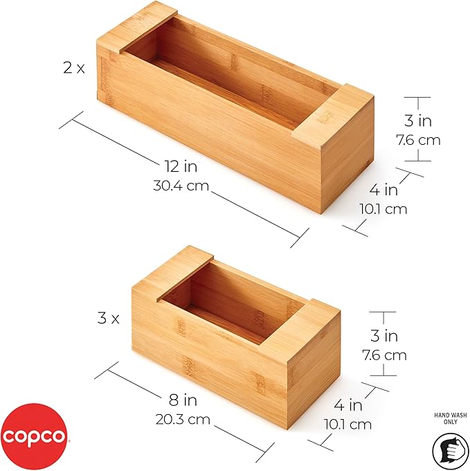 Copco Set of Resealable Storage Bag Organizers for Gallon, Quart, Sandwich and Snack Size featuring Wide Opening for Easy Bag Dispensing, Set Can be Broken Apart for Space Saving, Bamboo In Drawer