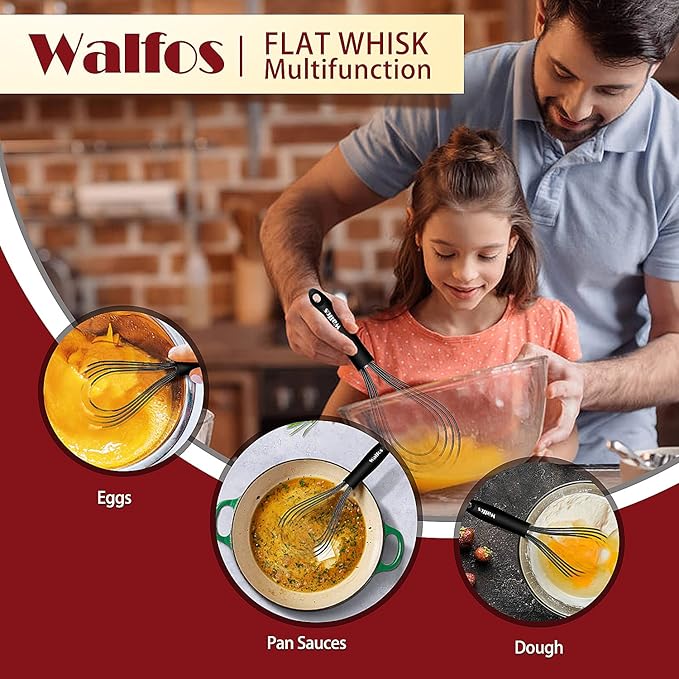 Walfos Silicone Flat Whisk,11inch Flat Whisk Non Scratch Coated Flat Whisks for Cooking.Great for Ceramic Coated pans and Wider shallower pots.Black