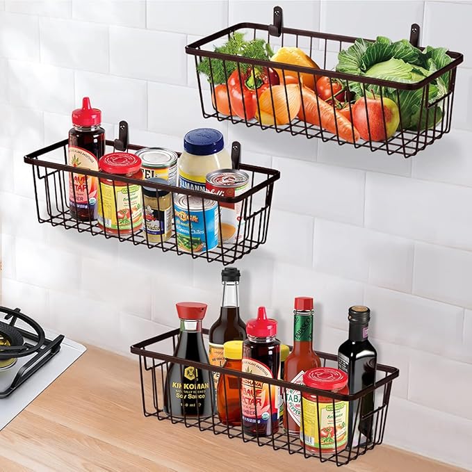 Farmhouse Metal Wire Bin Basket with Handle - Small, 4 Pack - Rustic Home Storage Organizer for Cabinets,Pantry,Closets,Cupboards, Shelves,Countertops,Bathroom Vanity,Kitchen,Bedroom (Bronze)