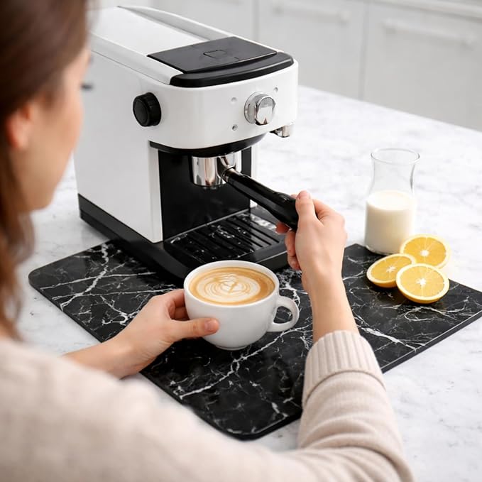 Drydiet 2 Pcs Large Dish Drying Coffee Mat for Kitchen Counter Diatomaceous Dish Dry Mat 11.8" x 18.9" Quick Drying Dry Mats for Coffee Machine Pads(Black,Marble)