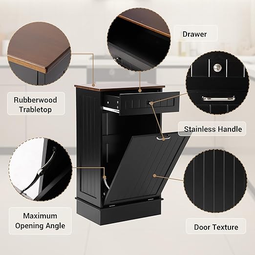 KIGOTY Tilt Out Trash Can Cabinet Trash Bin Cabinet with Hideaway Drawer Hidden Wooden Kitchen Garbage Can, Pet Proof Trash Can Holder for Kitchen (Black)