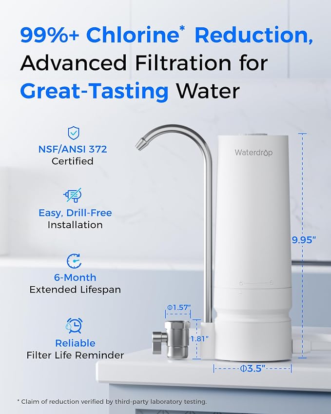 Waterdrop CTF-05 Water Filter for Sink Faucet, Countertop Water Filter System and Filter Life Reminder, Reduces Heavy Metals, Bad Odor, and 99% Chlorine, 8000 Gallons, 2 Filters