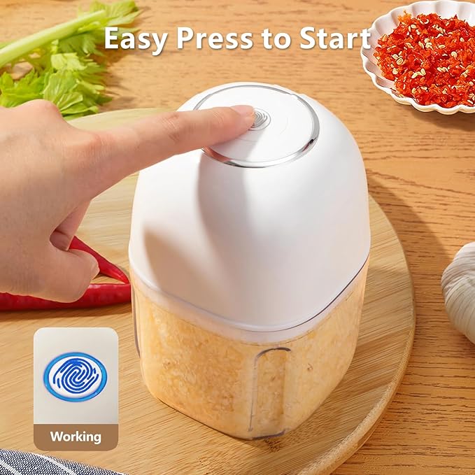 Wireless Food Chopper Mini, 350ml Cordless Food Processor, 1.4Cup Garlic Onion Chopper, Battery USB-C Rechargeable Electric Processor, Veggie Meat Blender, Small Kitchen Appliance, Mom's Gift, White