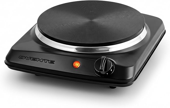 OVENTE Electric Countertop Single Burner, 1000W Cooktop with 7.25 Inch Cast Iron Hot Plate, 5 Level Temperature Control, Compact Cooking Stove and Easy to Clean Stainless Steel Base, Black BGS101B